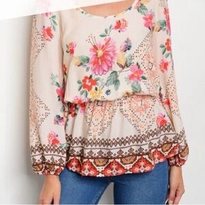 Colorful Floral Top with Gathered Waist